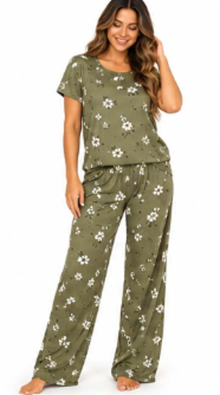 Olive green pajama set with flowers